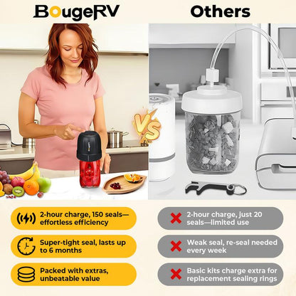 Bougerv Vacuum Sealer ​With 7 Free Accessories Kit ,Auto Stop Mason Jar Vacuum Sealer Kit, Portable Vacuum Sealer for Wide & Regular-Mouth Mason Jars, Electric Jar Vacuum Sealer for Food Storage,Canning Supplies,Firm Sealing, Kitchen Gadgets